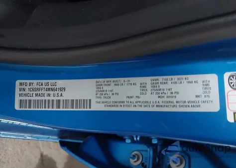 2021 Ram 1500 Big Horn 4X4 5'7 Box z USA, uszkodzony, nr VIN 1C6SRFFT4MN641929